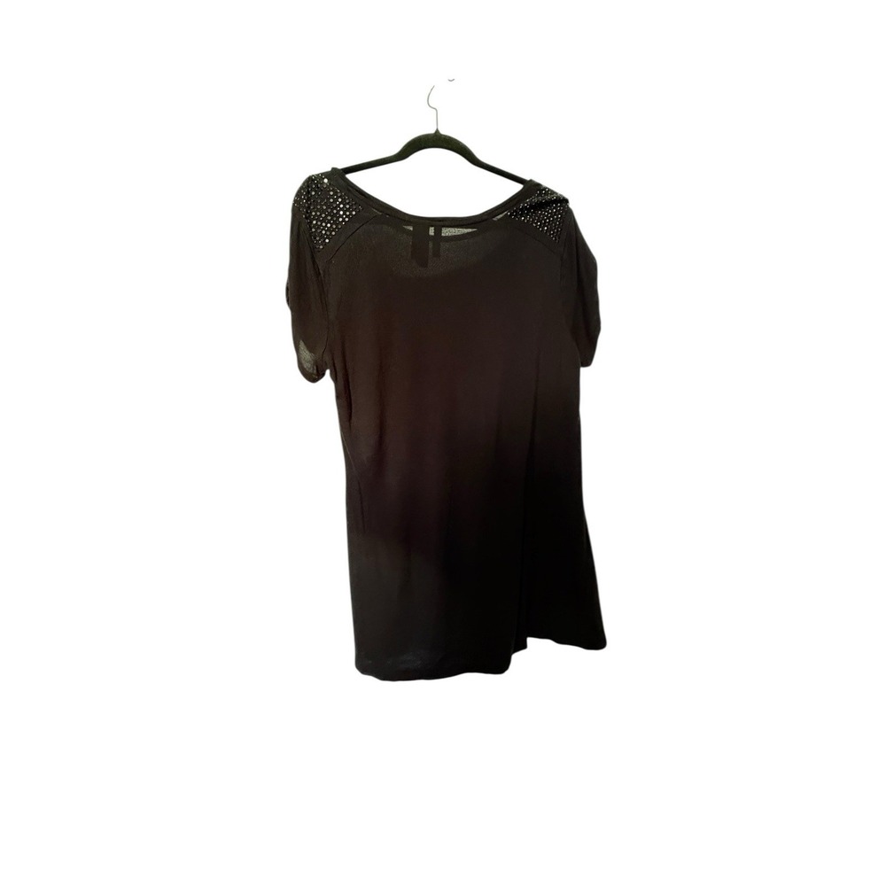 Bisou Bisou Black Short Sleeve Studded Shoulder Top XL Rayon Stretchy
